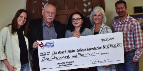 South Plains Community Action Association endowed a South Plains College scholarship honoring the late Joe Dee Brooks, a beloved Levelland native and 2023 SPC Pacesetter Award honoree. Pictured from the left are Amber Wisdom, Bill Powell, Samantha Mendoza, Julie Gerstenberger and Dallas Peña. (SPC Photo)