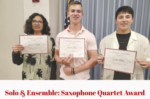 SAX QUARTET- Levelland High School saxophone quartet qualified for state in division I ensemble. Pictured from left to right are: River Castillo Austin Ellis and Caleb Miller. Not pictured is Jose Muro. (Photo Courtesy of Cristal Isaacks)