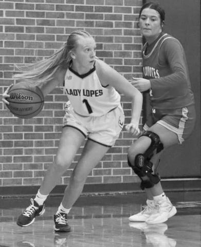 GOING AROUND - Whiteface’s Emily Blankenship looked to turn the corner against a Borden County defender in a 35-34 Lady Lope win to open the Way Out West Tournament in Whiteface Thursday. The Whiteface girls won the tournament with a 5-0 finish and will host Seagraves Monday at 7 p.m. (Photo by Holly Crutcher)