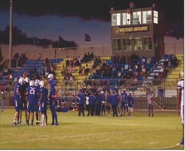 HUDDLE UP - The Whiteface Antelopes football team huddles up on the field during their game against Meadow this past Friday night at Antelope Stadium. Whiteface would end up winning 56-0. (Photo provided by Whiteface Victory Line Facebook)