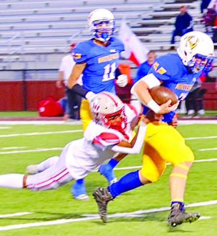RUSHING ATTACK- Ethan Kauffman had 12 carries for 106 yards and two touchdowns for the Whiteface Antelopes in a convincing 56-6 win over the Van Horn Eagles in the bi-district round of the UIL Class 1A-1 Region II high school football playoffs in Rankin last Friday. Whiteface will play Rankin in the area round next Friday in Gail at 6 p.m. (Photo Courtesy of Holly Crutcher)