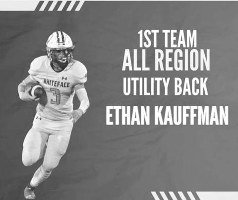 Whiteface Antelope Ethan Kauffman earned himself 1st Team All-Region Utility Back for his great play on the field during the teams great season. The Whiteface Antelopes finished their season with a record of 11-1 with their only loss of the season coming from the Borden Country Coyotes in Slaton for the second round of playoffs. (Photo courtesy of Jay Kelley)
