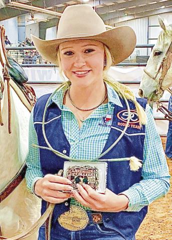 GOAT TYING CHAMPION - South Plains College sophomore Zaran Kirkpatrick won the Women’s Goat Tying at the Clarendon Rodeo this past weekend. She scored a 6.3 in the short round and an average of 12.8 to win the event. (Photo provided by SPC Athletics)