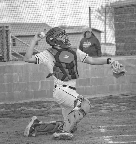 OUT - Ropes Eagle Brady Bryan threw the ball back to the pitcher during the team’s contest against the Tahoka Bulldogs this past Tuesday at home for district play. (Staff photo by Aalijah Soliz)