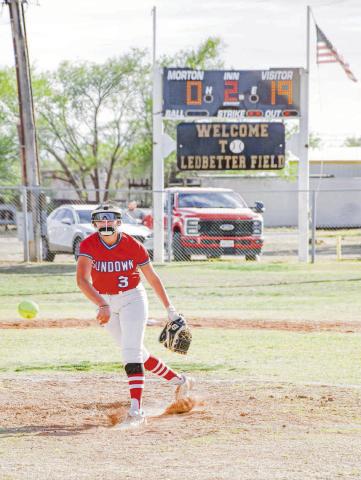 FEELING PERFECT - Sundown Roughette Destiny Garza delivers a pitch during their district softball against Morton this past Tuesday night at Ledbetter Field. Garza would toss a perfect game allowing zero runs, hits and walks while striking out seven batters. (Staff photo by Jentezen Smith)
