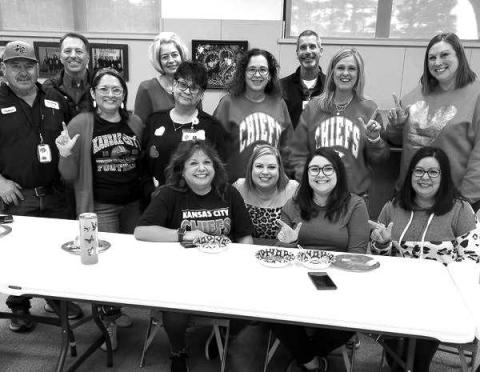 SUPER BOWL- LISD employees dressed in their team of choice for the Super Bowl this past weekend. Pictured are several Levelland ISD employees enjoying the event. (Photo by LISD).