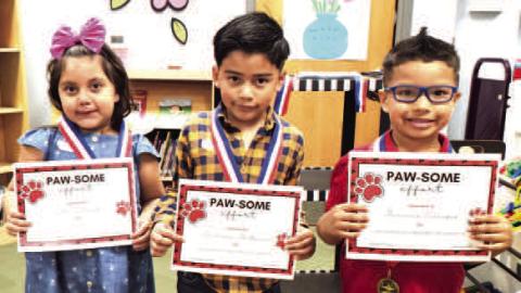 LISD KINDERGARTEN UILSTORYTELLING PARTICIPANTS: Paula Castellano (3r d place), Emiliano Montanez (2nd place), and Max Villegas (1st place). (Levelland ISD photo).