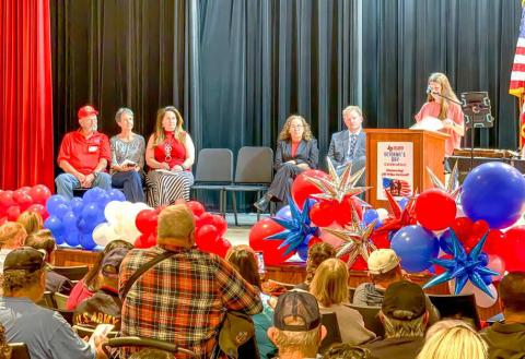 VETERAN’S DAY CELEBRATION - Levelland ISD held their Veteran’s Day Celebration Monday afternoon. Students from ABC, Capitol, South, LMS and LHS participated in the ceremony. Mrs. Katherine McLamore Lowrance was the featured speaker for the event. The first 50 Veterans received a stitched American Flag. (Staff photo by Aalijah Soliz)