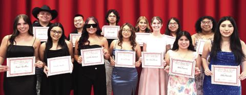 LHS BAND SCHOLARSHIPS-- LHS Band Senior Scholarship Recipients - Michael Arriaga, Analysis Aguilar, Estrella Mendoza, Ada Niederhauser, Amy Cervantes, Victor Reyes, River Castillo, Olivia Hinojosa, Cy'Jai Mitchell, Daniella Martinez, Julia Acevedo, Teagan Brothers and Sofia Cisneros. (Levelland ISD photo)