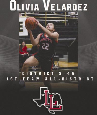 FIRST TEAM- Levelland basketball coaches Barnett, Nathan Riggan and Mark Elbert-Rios share the Levelland Loboette varsity basketball was well represented during district play this year and that they earned many all-district accolade. First Team All-District was junior guard Olivia Velardez. (Photo Courtesy of Cristal Isaacks)