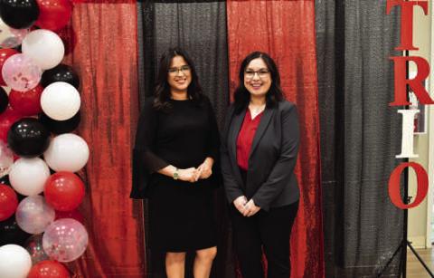 TRIO ACHIEVER AWARDS-- The TRIO programs at South Plains College hosted their annual Student Recognition Banquet on April 27 in the Sundown Room on the Levelland campus to celebrate graduating members and alumni. Gisela Roman (left) and Denise Tarango Torrez (right) are SPC alumni who received TRIO Achiever Awards for success following their membership in Upward Bound and STAR Center, respectively. (SPC Photo)