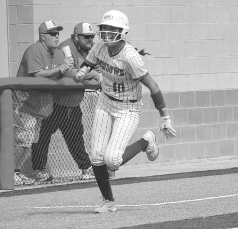 FULL SPEED - Sundown Roughette Araceli Ibarra ran full speed to home plate during the team’s game against the New Deal Lady Lions March 29 at home. (Staff photo by Aalijah Soliz)