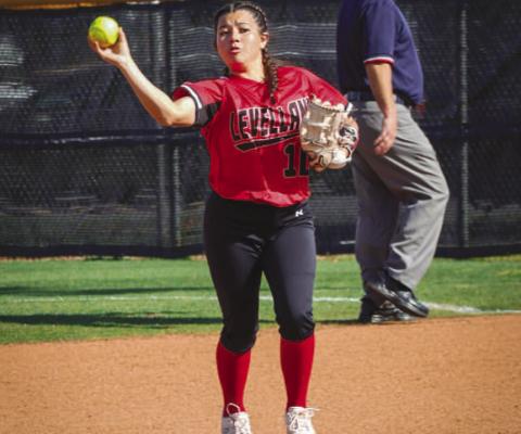 PLAYMAKER - Levelland Loboette Delaney Delgado threw the ball back in play after catching a pop fly during the team’s game against the Estacado Lady Mats last Friday. (Staff photo by Aalijah Soliz)