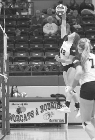 VERTICAL - Ropes Lady Eagle Rylee Mcdaniel jumped high to spike the ball over the net to get the team much needed points in the teams dominant win over Highland Park. (Photo courtesy of Donovan Martin)