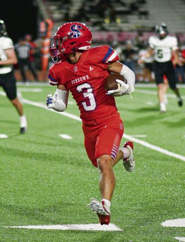 GADGET THREAT - Senior Coen Nevarez goes for extra yardage after a catch during Sundown’s football game against Plains this past Friday night at Slaughter Field. He would end up with 47 receiving yards and a rushing touchdown. (Staff photo by Jentezen Smith)