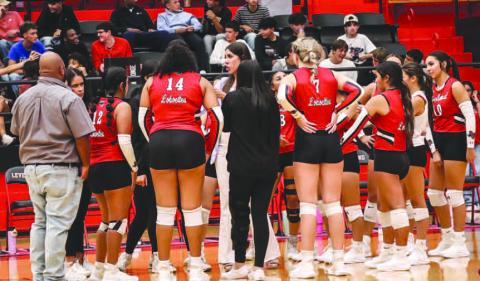 TIMEOUT - The Levelland Loboettes utilized a much needed timeout to slow the momentum of the Plains Cowgirls offense during this past Tuesday matchup at home. The Loboettes would drop three-straight sets against the Cowgirls. (Staff photo by Aalijah Soliz)