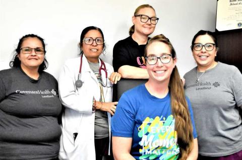 WELCOME DR.Grindle-- The newest member of the team, Dr. Jenna Grindle, MD (front), joins the Family Medicine of Levelland clinic staff, Delma Flores, LVN, Tommie Vidales, FND-C, Pamela Horn, and Veronica Hernandez, LVN. Dr. Grindle will begin seeing patients this coming Wednesday. (Staff photo by Lynda Work).