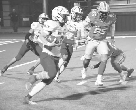 OUT OF HERE - Ethan Kauffman had 13 carries for 255 yards and five touchdowns for the Whiteface Antelopes last Friday in a 58-8 win over the Van Horn Eagles in UIL Class 1A-1 bi-district high school football action in Rankin. Kauffman passed 2,000 yards on the season. The Antelopes will face Borden County on Friday in Slaton at 7 p.m. (Photo by Jay Kelley)