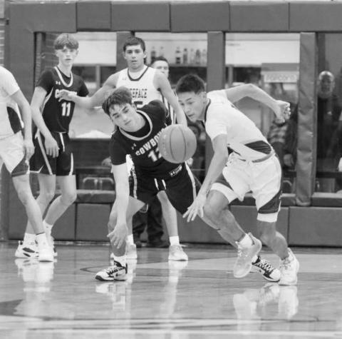 LOOSE BALL - Whiteface Antelope Jeremiah Rendon hustled for the loose ball during the team’s game last Friday night against the Plains Cowboys. (Photo courtesy of Holly Crutcher)