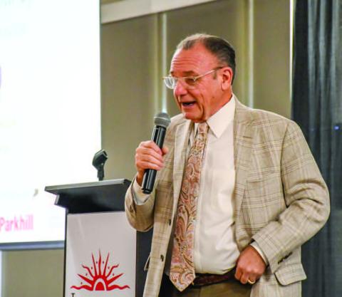 PROVIDING INSIGHT - During the Levelland Economic Development Corporation (LEDC) luncheon on Thursday, Dr. Ray Perryman spoke on the current economy, as well as the energy industry, on local, state and national levels. The event was held at the Mallet Event Center and Arena. (Staff photo by Evin Thomas)