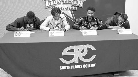SIGNING DAY- The South Plains College men’s basketball program will send four players from the 2022-23 squad to Division I universities next season, which was made official on WednesdayJaded Harris signed with East Tennessee State University, Elijah Tate signed with Texas State University, Chris Coleman signed with the University of Alabama Birmingham and Kalifa Sakho signed with Utah State University. (Photo Courtesy of Jordan Irvine)