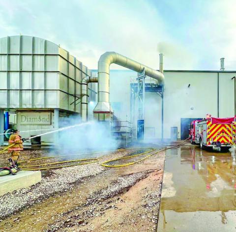 DRYER COOLDOWN - On Monday, the Levelland Fire Department was dispatched to the ethanol plant located alongside E. Highway 114 in regard to a large dryer emitting smoke. Mutual aid was requested with Smyer Volunteer Fire Department and West Carlisle Volunteer Fire Department arriving to offer assistance. (Photo courtesy of the Levelland Fire Department)
