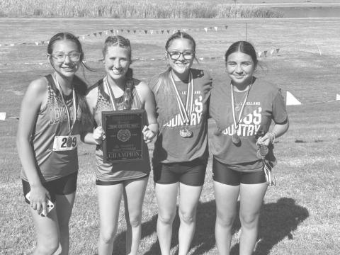 JV GIRLS - The Levelland cross country team competed at Mae Simmons park where all of the teams took first and won district as a whole. Xio Marquez, Tea Johnson, Aubri Prieto, Kendall Maldonado (Not pictured above Kaydence Escarcega) (Photo courtesy of Cristal Isaacks)