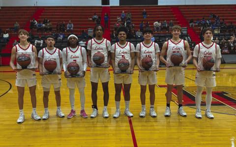 SENIORS - The Levelland Lobos are graduating 10 seniors from the basketball team this year. Pictured above are Seniors; Gavin French, Ozzie Solano, Elijah Jordan, Eryk Jones, Sean Landrum, Jose Muro, Gage French and Eli Randol. (Staff photo by Aalijah Soliz)