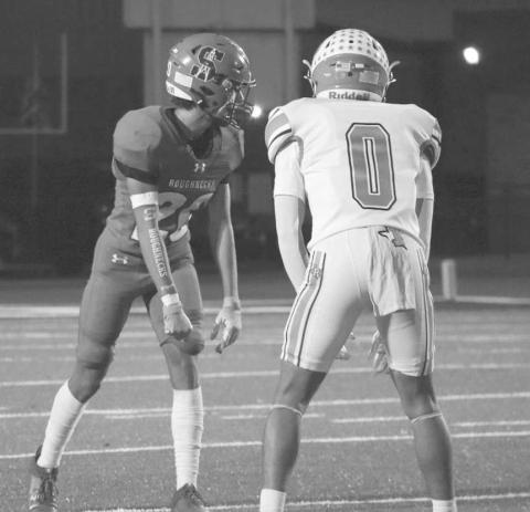 MAN TO MAN - Ropes Eagle Branson Simental and Sundown Roughneck Briar Miller went against each other in man to man coverage this last Friday in Sundown during district play. (Staff photo by Aalijah Soliz)