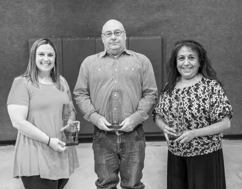 EXCELLENCE AWARDS - Pictured from left are: Kayla Perrin, Gregg Walker and Juanita Yanez received Employee Excellence Awards at South Plains College’s annual Employee Banquet on May 9 in the P.E. Complex on the Levelland campus. (SPC Photo)