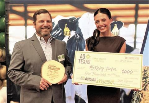 AGTEXAS OUTSTANDINGADULT LEADER-- Whiteface FFA advisor Colt Spies received the AgTexas Outstanding Adult Leader Award and a $1,000 check for himself and another for the Whiteface FFA Chapter. McKinley Tucker, Whiteface FFA senior received a $1,000 scholarship. (Whiteface CISD photo)