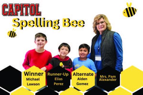 CAPITOLSPELLING BEE WINNERS-- Fourth grader, Michael Lawson, is the winner of the 2026 Capitol Spelling Bee. Lawson correctly spelled “cosmetics” to win the competition beating thirty-eight other spellers in an event that lasted five rounds. Runner-Up was Elias Perez and Alternate was Aiden Gomez. All three students will represent Capitol at the District Spelling Bee on Monday. Assistant Principals Katie Peña and Amy Pebsworth judged the competition. (Levelland ISD photo)