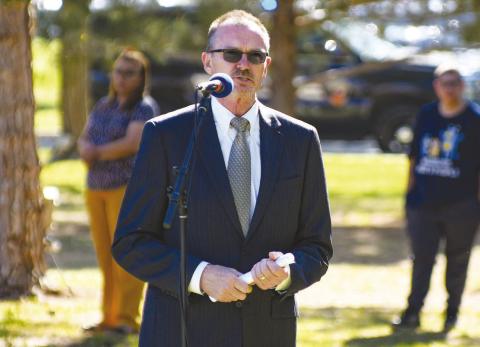 KEYNOTE SPEAKER - Sundown Police Chief Jared Foster was the keynote speaker for the annual Peace Officer Memorial that is hosted by South Plains College on the front entrance lawn of the Levelland campus. During his speaking portion, Foster read off the names of peace officers who have lost their lives giving the ultimate sacrifice. (Staff photo by Dom Puente)