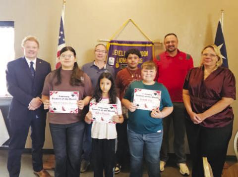 LMS STUDENTS OF THE MONTH-- The Levelland Noon Lion’s Club recgonized the LMS Students of the Month. The students are selected by their teachers for being leaders and going above the standard every single day. LMS Principal Dr. Birdwell shared stories from teachers about the positive impact these students are making. Pictured are Jasmine Campos Juarez, Julia Puente, Isaiah Cox , David Acevedo, Dr. Matthew Birdwell, Michael Stueart, Dr. Donald Heseman and Kelly Hancock. (Levelland ISD photo)