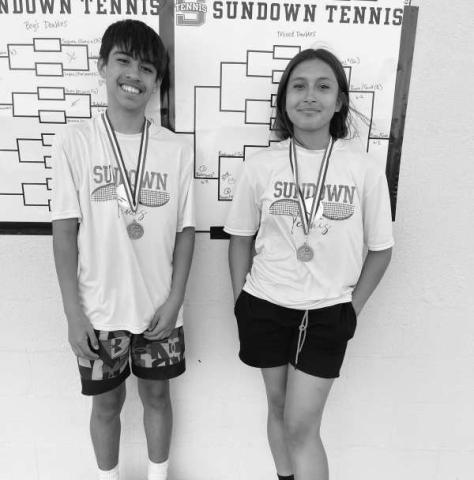 SECOND IN MIXED DOUBLES- Sundown Middle School tennis teams competed at the district tournament earlier this week. Sundown returned home with several medals and a couple of district champions. Sundowns Lillie Rodriguez and Alejandro Rodriguez placed second in mixed doubles. (Photo Courtesy of Sundown ISD)