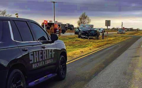 DEADLY COLLISION - Around 12 p.m. Tuesday, Hockley County Sheriff’s, Hockley County-Levelland Emergency Management, Levelland EMS and Texas Department of Transportation responded to a twovehicle collision in Smyer on Highway 114. According to the HCSO, one person was pronounced dead at the scene of the crash. East bound traffic was diverted down FM 168 S. (Photo courtesy of Hockley County-Levelland Emergency Management)