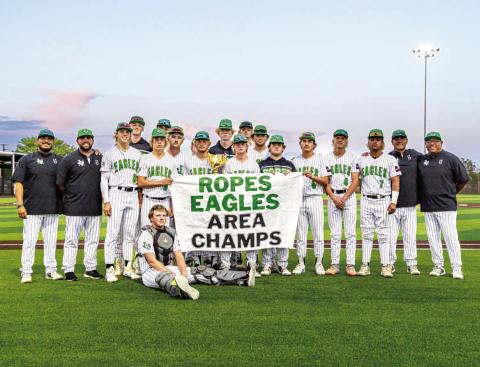 AREA CHAMPIONS - The Ropes Eagles were crowned Area Champions last weekend after defeating the West Texas Comanches in a best of three sweep. The Eagles took game one, 11-1, and took game two with a 3-0 score. The Eagles advanced to the Regional Semi-Final round to take on the Stamford Bulldogs in a best of three series in Snyder May 15 -17. The results of the series will be in Wednesday’s issue (May 21). (Photo courtesy of Donovan Martin)