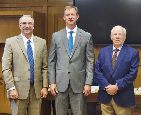 OATH OF OFFICE - During Thursday’s South Plains College Board of Regents meeting, Board Members Chris Edens, Richard Ellis and Joe Tubb all took their Oath of Office, each retaining their seats following the 2024 General Election. Edens and Ellis both ran unopposed while Tubb defeated his running mate Rob Martin. (Staff photo by Dom Puente)