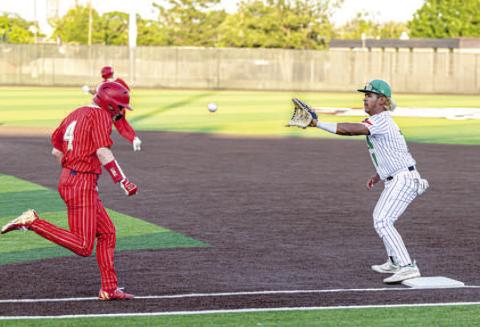 ROUTINE PLAYTO FIRST - The Ropes Eagles were crowned Area Champions last weekend after defeating the West Texas Comanches in a best of three sweep. The Eagles held off the Comanches with a 3-0 win. Pictured is Eagle first baseman Elijah Flores catching a routine throw to first to get a Comanche out during game two of the series..(Photo courtesy of Donovan Martin)