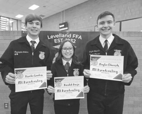 FFA BROADCASTING - Levelland students Kami Baeza, Clayten Edwards and Brenden Lawless all earned certificates this past school year for their achevements. (Photo courtesy of Levelland ISD)