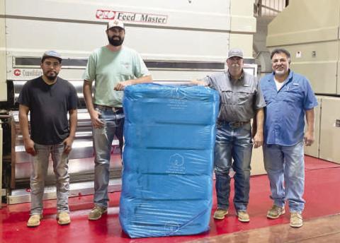 Gins across West Texas are beginning to bale producers cotton harvest for the 2024 season. Busters Gin announced they had the first bale of Hockley County on October 1, courtesy of Producer Kyle Nickelson of Nickelson Farms. Pictured from right to left are: Rey Rivera, Kyle Nickelson, Clint Bray and Hector Flores. (Photo courtesy of Busters Gin.
