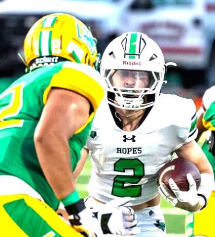 Ropes Eagle Zayden Pittman charges through gaining valuuable yardage that contributed to the win against New Deal. Overall, Pittman came up with 102 rushing yards. (RISD photo)
