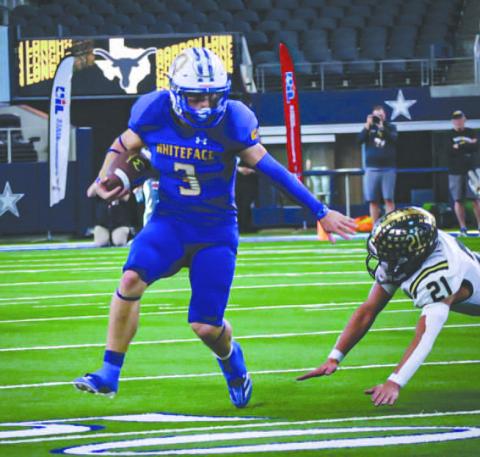 STIFFARM - Whiteface Antelope Ethan Kauffman stiff-armed his defender during the team’s last game of the season in the State Championship this Wednesday. (Staff photo by Aalijah Soliz)