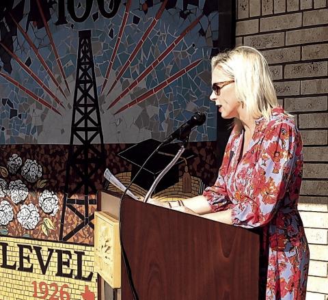CENTENNIAL MOSAIC - Mayor Breann Buxkemper was joined by city administration, Chamber of Commerce and residents to dedicated the Levelland Centennial Mosaic in celebration of Levelland’s 100th birthday. Buxkemper read a proclamtion in recognition of the event and special year.