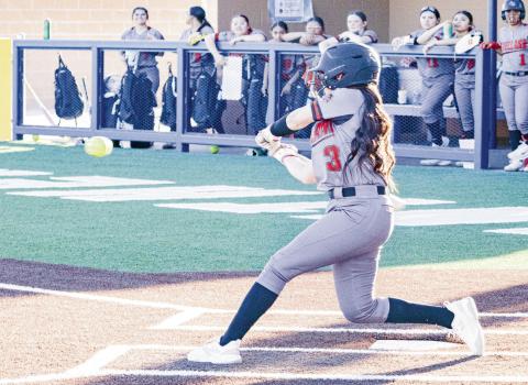CERTIFIED SLUGGER - Levelland Loboette Jazlyn Diaz gets her hands in on a swing to hit the softball during their game against Frenship Memorial this past Friday at Frenship Memorial High School. (Staff photo by Eric Venkatesan)