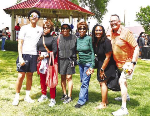 Pictured are Dailen Abouzar, Marjorie Ford, Tana Lockett, Margarett Lockett, Patience Childers and Tony Hopp enjoying the downtown festivities at the 100year celebration for Levelland this past Sunday. Residents enjoyed a parade, lunch and entertainment at the Gazebo. The event was moved to Sunday following weather concerns. The planned fireworks show has been postponed to a later date. (Staff photo)