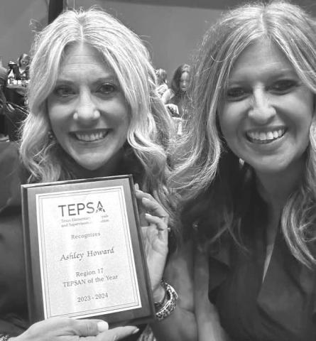 ABC PRINCIPAL HONORED- Levelland ISD congratulatED ABC Principal Ashley Howard who was honored at TEPSA as the Region 17 TEPSAN of the Year. Pictured is Mrs. Howard with Assistant Principal Ginger Hicks (Photo courtesy of Cristal Isaacks)