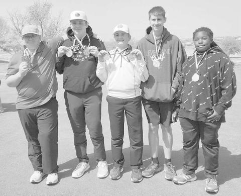 LOBO A- LMS Golf Coach April Rodriguez shared that her LMS golf teams played in their first district tournament. The Boys A team placed first overall. Conner Grisson placed first with a score of 47. Mason Tidwell placed second with a score of 50. Pictured from left to right are: Charles Wiiest, Mason Tidwell, Conner Grissom, Mason Lawhon and La’Quarie Golightly. (Photo Courtesy of Cristal Isaacks)