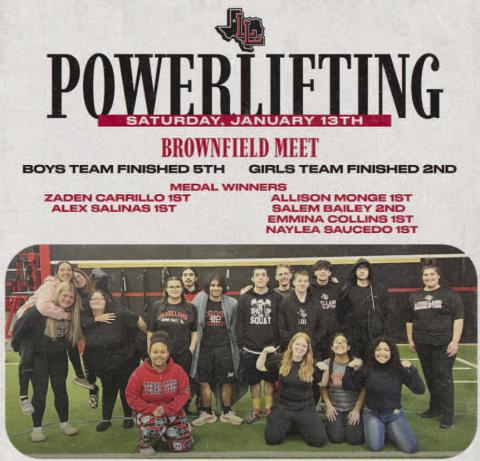 POWERLIFTING - LHS Powerlifting Coach Mike Brogden sends out congratulations to the LHS Powerlifting Teams. They competed at Brownfield on Saturday and the Lobos brought home a 5th place, where the Loboettes brought home second place. First-place medal winners were Zaden Carrillo, Alex Salinas, Allison Monge, Emmina Collins, and Naylea Saucedo. Salem Bailey brought home a second-place medal.