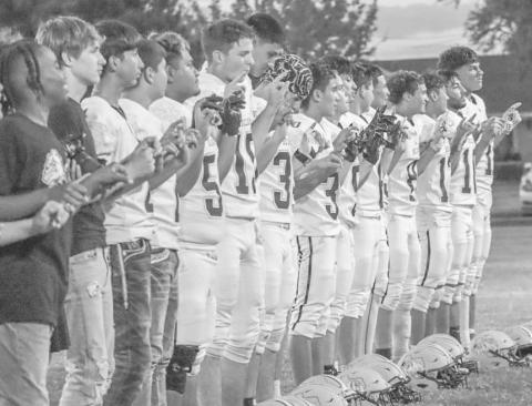 FIGHT SONG - The Anton Bulldogs got in front of their home crowd stands last Friday against Dawson after their dominant win at the half. (Staff photo by Aalijah Soliz)